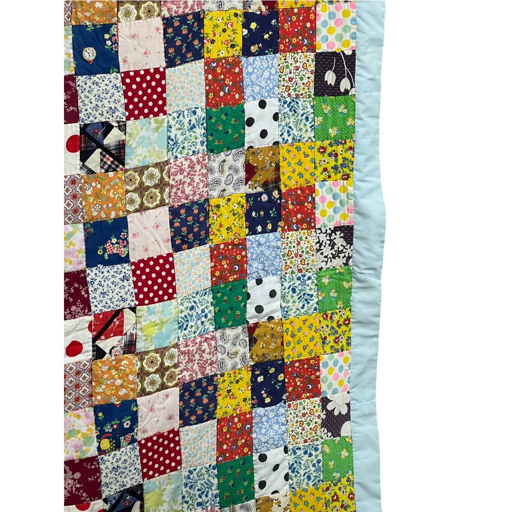 Vintage 1970s Postage Stamp Patchwork Quilt Queen 90x82 Handmade - Picture 5 of 6